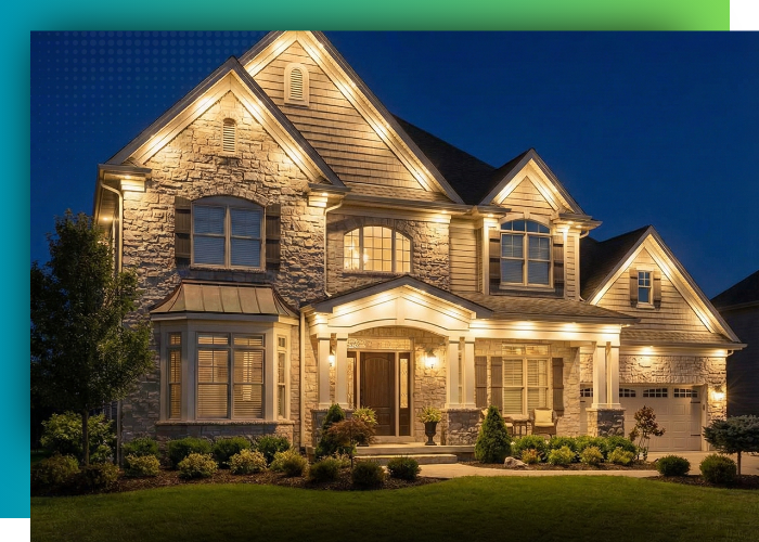beautiful home with permanent outdoor lighting