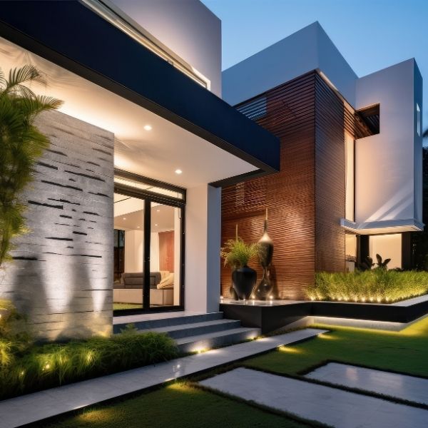 modern home with downlights on exterior