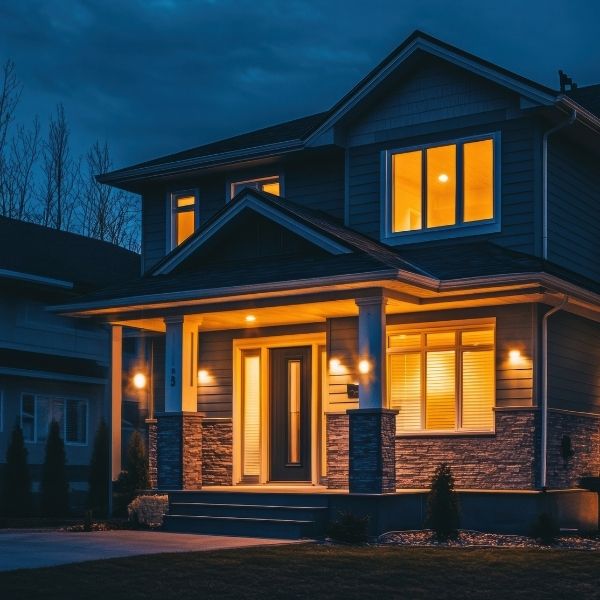 modern home with downlights on exterior