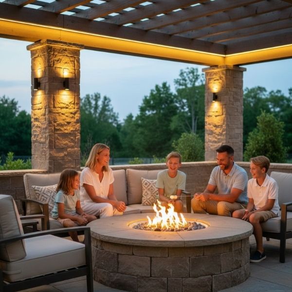 A family relaxes on a stone patio at night, illuminated by warm overhead and step lighting.