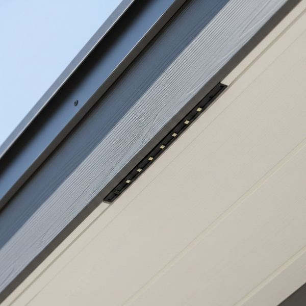 A close-up daytime photograph of a house eave with a low-profile lighting track blended into the soffit.