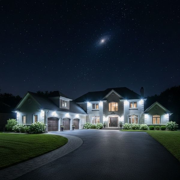 A craftsman-style home entrance at night, brightly illuminated by permanent soffit and landscape lighting.