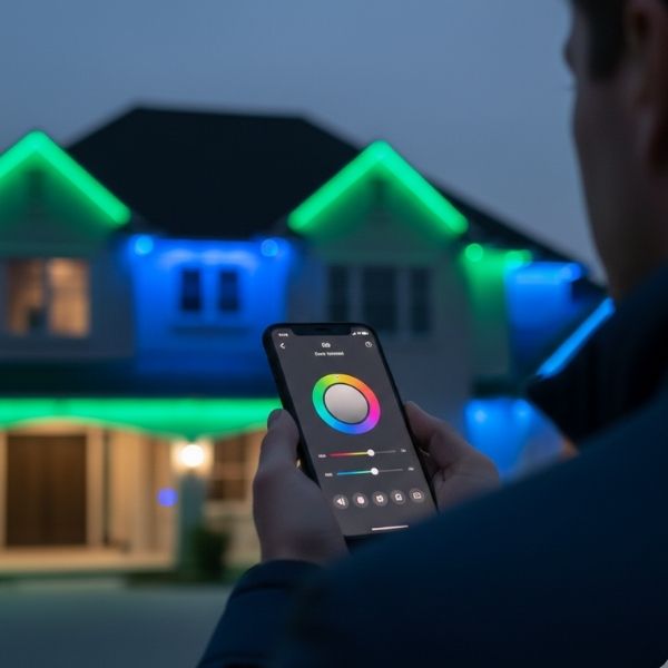 A hand holds a smartphone at night, displaying a color wheel app used to control exterior lighting.