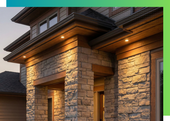Warm spotlights illuminating a stone pillar and house soffit.