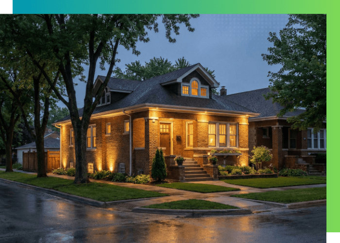 Brick house at dusk with warm exterior architectural lighting.