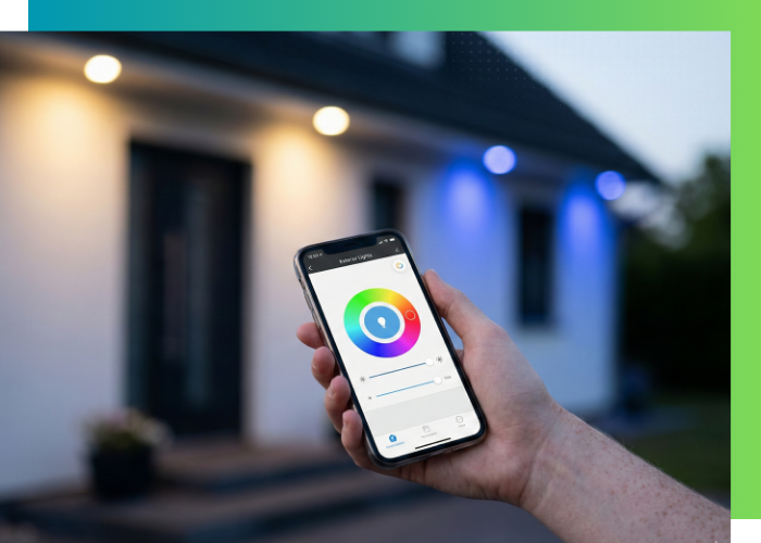 Person using a smartphone app to change outdoor light colors.