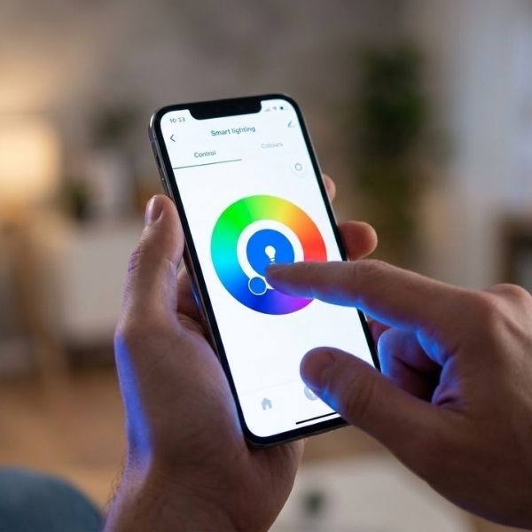 Close-up of a hand using a smartphone app to color-change lights.