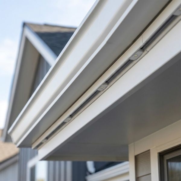 Close-up of sleek, permanent lighting track installed on a roofline gutter.