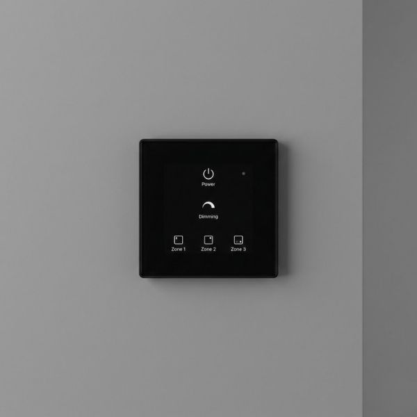 Close-up of smart controller wall panel with minimal touch interface.