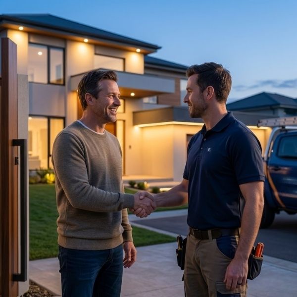 Homeowner shaking hands with a professional lighting installer at dusk.