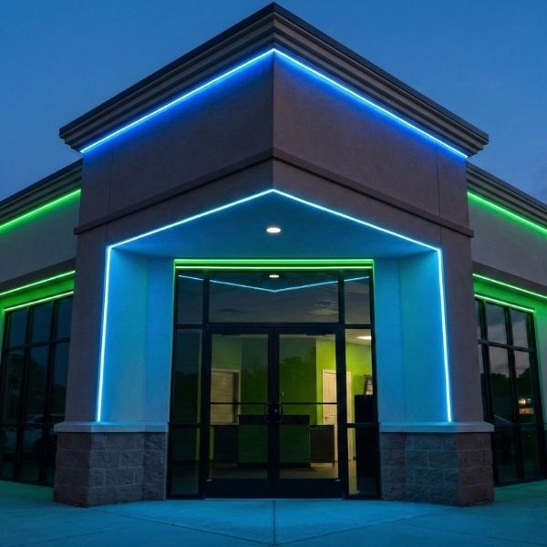 A square photograph of a commercial storefront entrance highlighted by vibrant blue and green LED trim lights installed along the architectural lines.