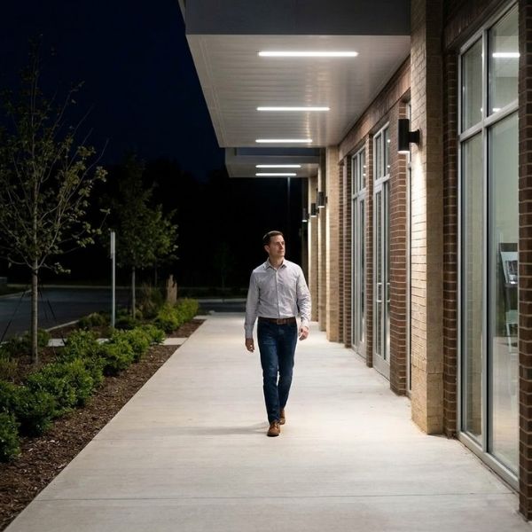 Brightly lit commercial walkway at night with overhead LED lighting.