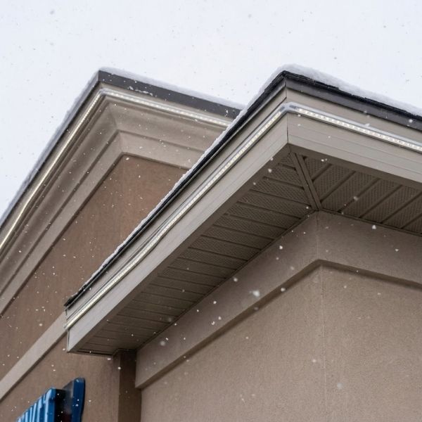 Close-up of durable LED lighting channel installed on roofline in winter.