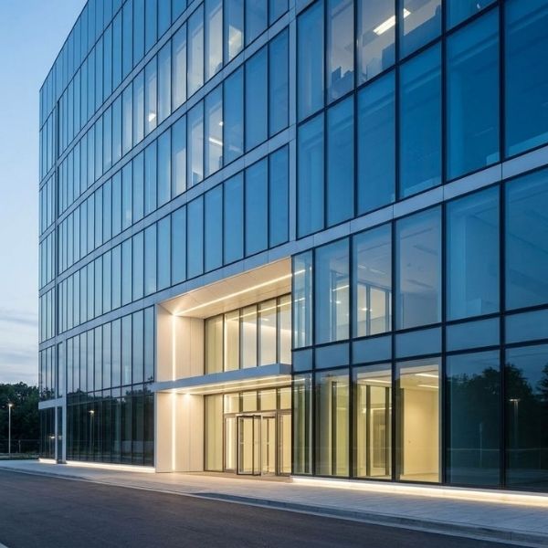 Modern office building facade illuminated by efficient crisp LED lights.