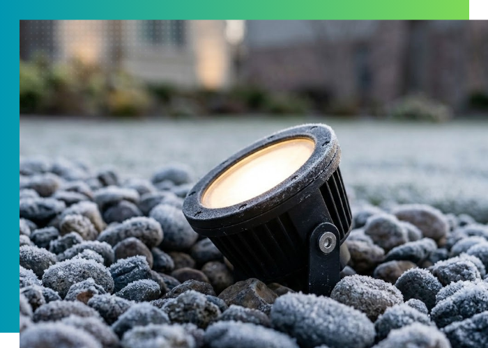 Durable, weather-resistant outdoor uplight fixture installed in garden mulch during a light Illinois frost.