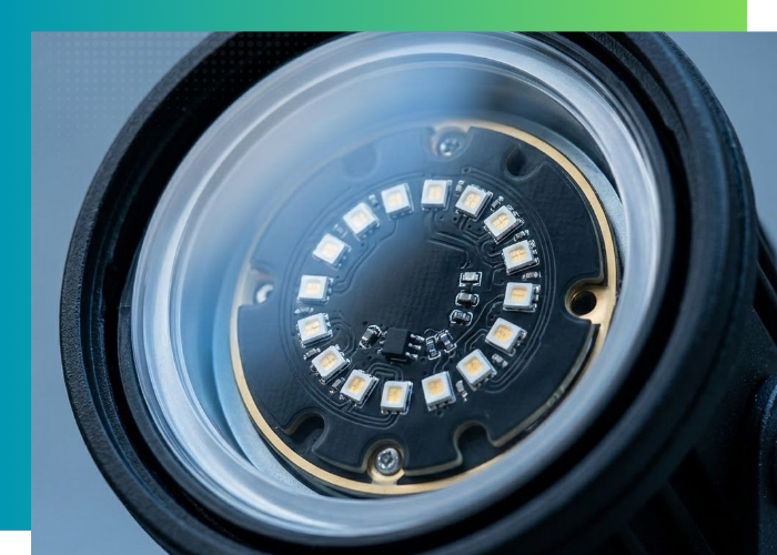 Extreme close-up of a high-efficiency LED light engine inside a professional outdoor uplighting fixture.
