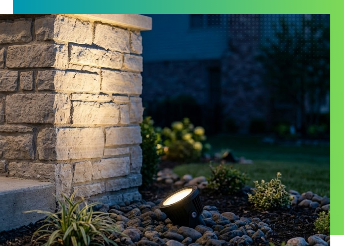 Low-angle view of a clean, professional uplight installation highlighting a residential column with no visible wires.
