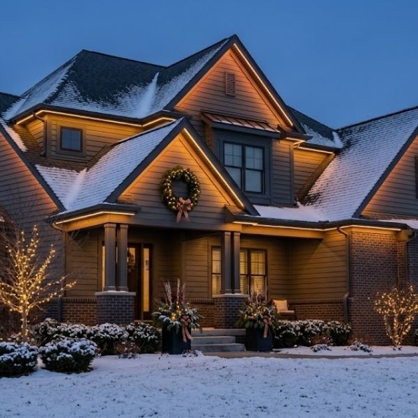 house with snow and warm lighting