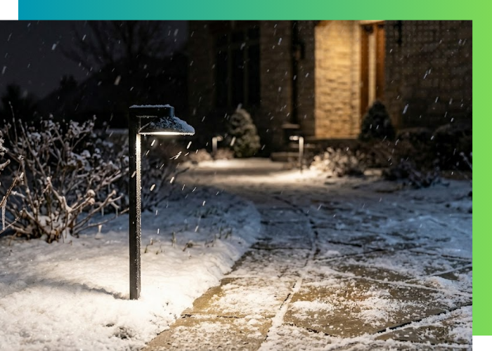 snow on exterior path lighting