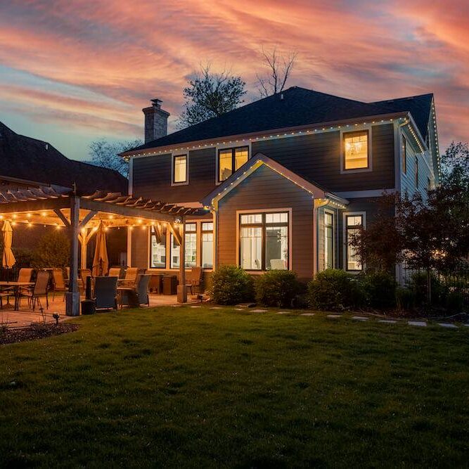 beautiful home with permanent outdoor lighting